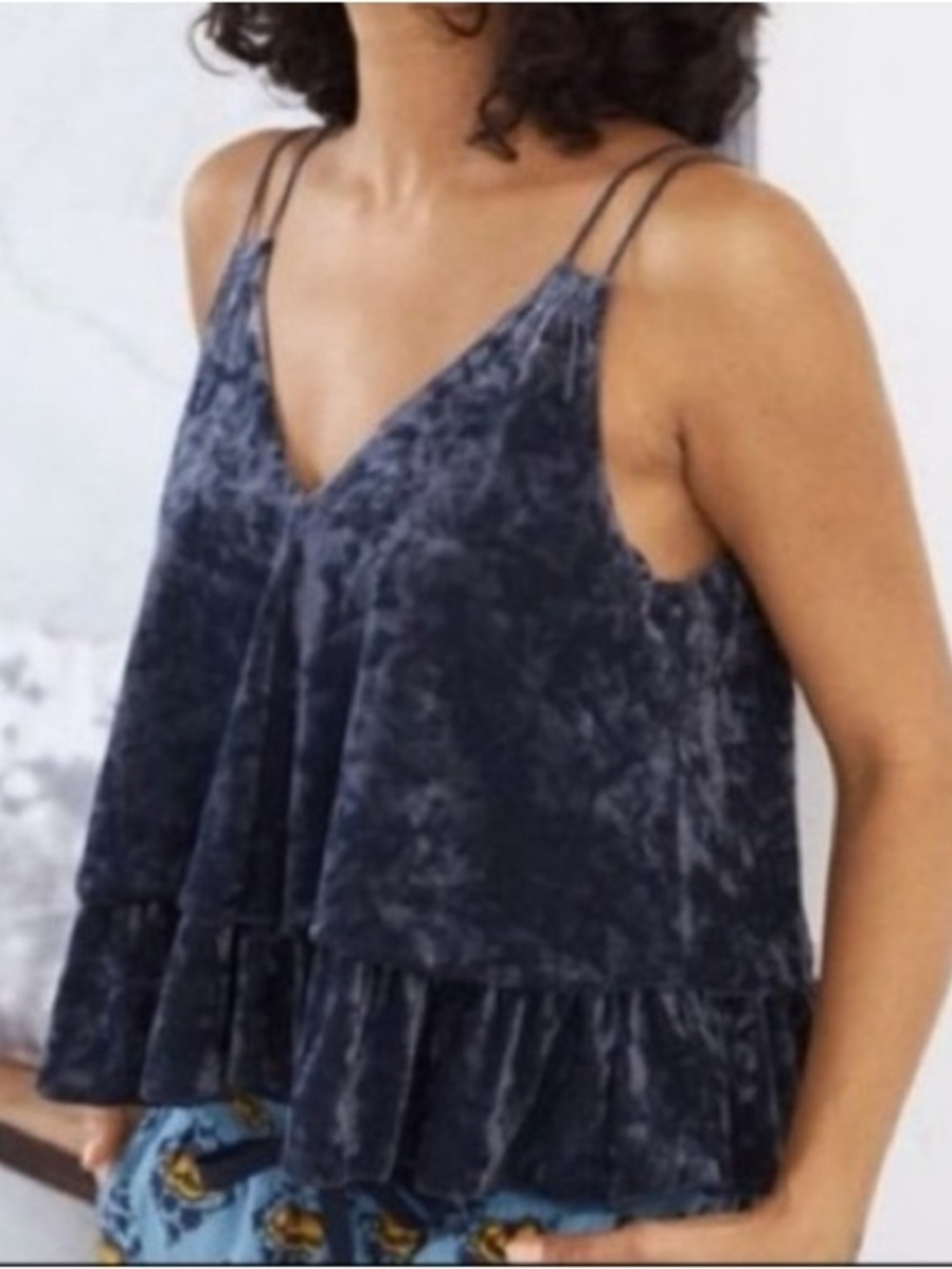 aerie Crushed Velvet Ruffle Hem Cami in Charcoal Blue